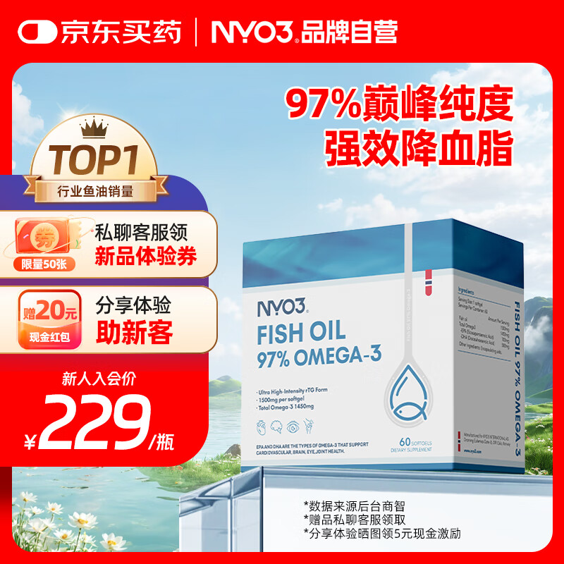 NYO3高纯97﹪深海鱼油软胶囊通血管降血脂omega3nyo3鱼肝油中老年 97﹪高纯rTG型深海鱼油 130.05元（需领券）