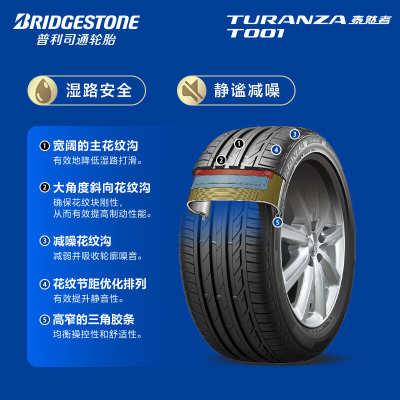 限移动端、京东百亿补贴：普利司通 TURANZA T001 轿车轮胎 静音舒适型 205/55R16 91W 券后280.02元