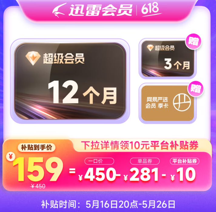 迅雷 超级会员SVIP 1年+送3个月季卡+网易严选会员季卡 ￥159