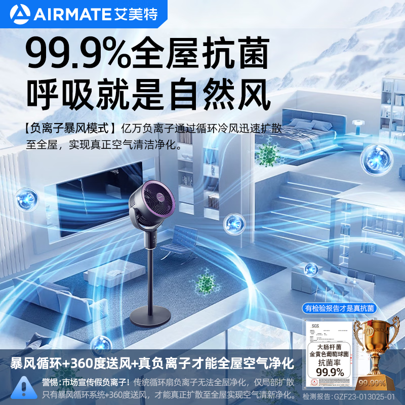 艾美特 森氧MAX空气循环扇 负离子净化+AI语音闪控 券后245.65元