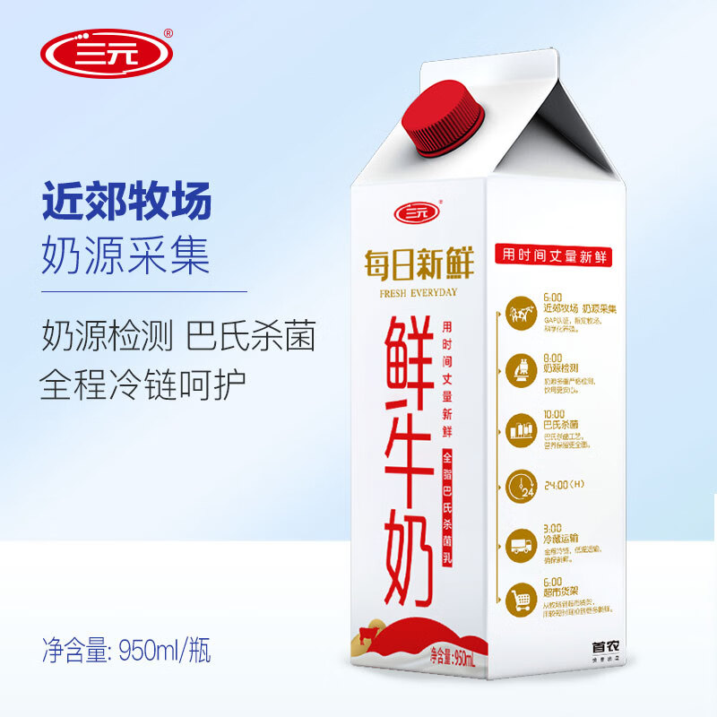 三元 每日新鮮 鮮牛奶 950ml 牛奶 3.9元