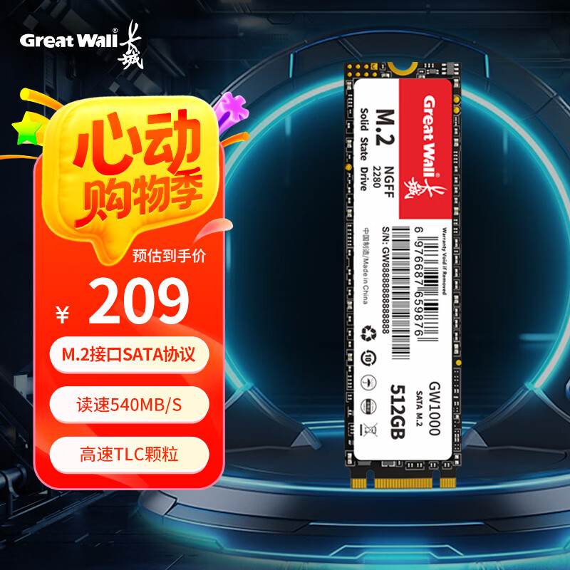 长城 512GB SSD固态硬盘 M.2接口SATA协议 读速540MB/S GW1000系列 209元