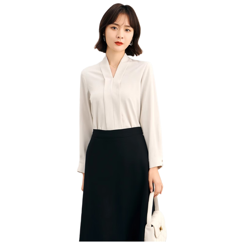 伯德小姐杏色襯衫v領(lǐng)職業(yè)裝女西裝內(nèi)搭上衣正裝面試通勤日常上班雪紡襯衣 74.5元（需領(lǐng)券）