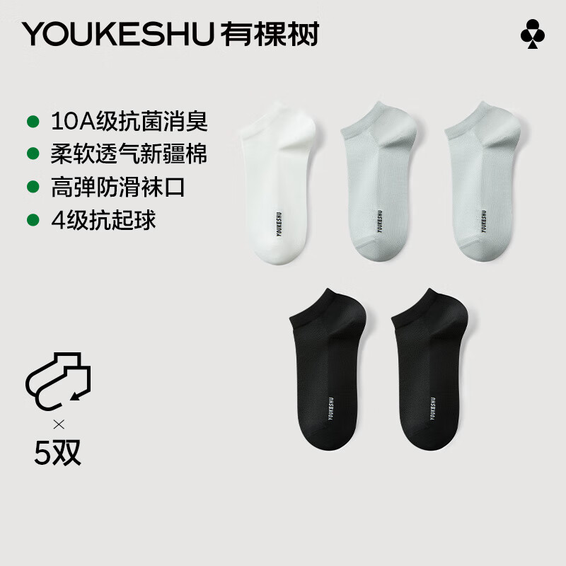 有棵树 男士短袜男10A抗菌夏季薄款透气网眼防臭舒适无骨短袜 白+黑+黑+灰+灰 5双 均码 15.96元（需买2件，需用券）