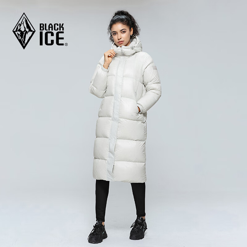 BLACKICE 女士過膝長(zhǎng)款鴨絨連帽大衣輕量保暖防風(fēng)防潑水羽絨服 米白 券后277.86元