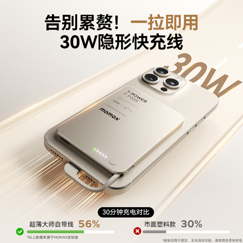 限地區(qū)：摩米士 30W自帶線充電寶10000毫安小巧便攜可上飛機可磁力吸附送充電套裝 券后71.81元