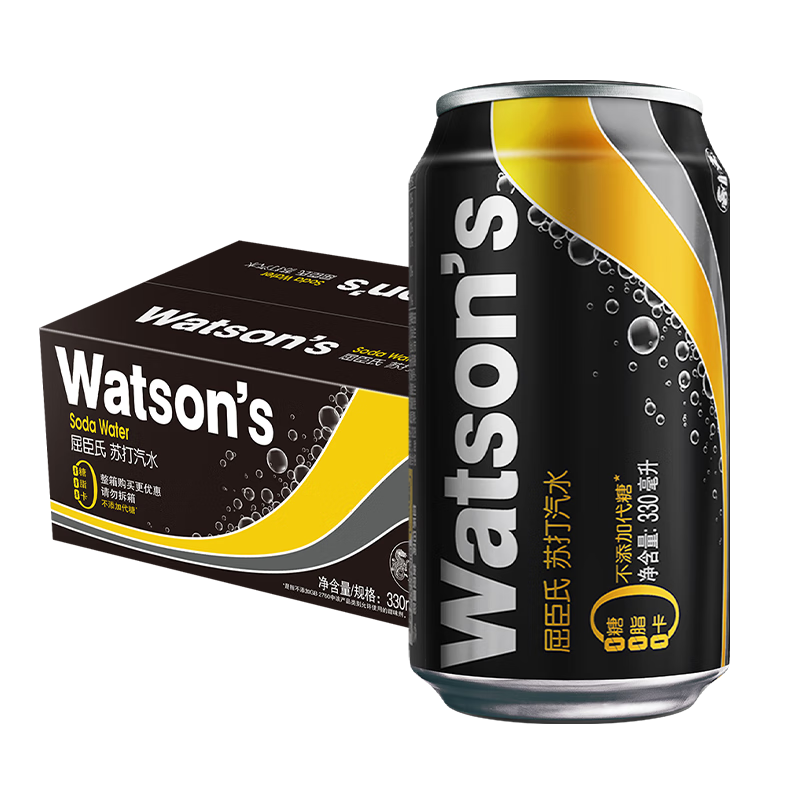 屈臣氏（Watsons）苏打汽水 气泡水饮料 330ml*8罐 16.9元（共8罐，折2.1元/罐）