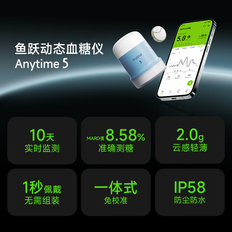 單地區(qū)、國家補貼：魚躍 安耐糖 5代動態(tài)血糖儀Anytime5 免扎手指 165.12元