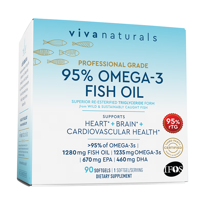 Plus会员:Viva Naturals进口Omega3高纯度95﹪深海鱼油rTG结构天然欧米伽3软胶囊90粒*2件+凑单 合132.3元/件，凑15.48元，（共280.08元）