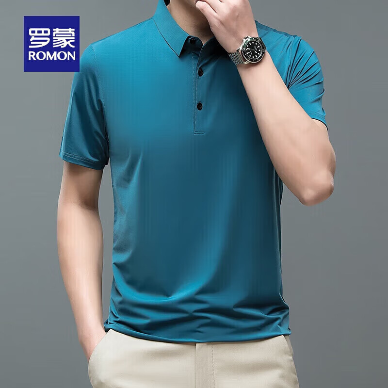 羅蒙 短袖POLO衫男冰絲高彈涼感薄款 湖藍 L 32.9元