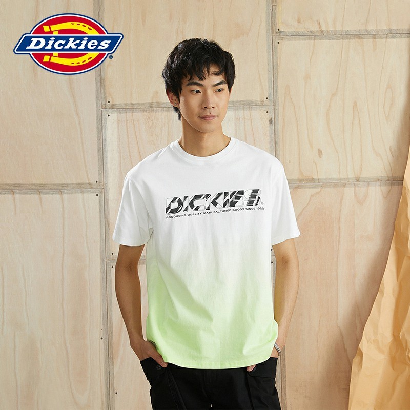 Dickies 短袖T恤 情侶款T恤純棉潮漸變印花logo上衣 DK010321 白色淺黃綠漸變色 S 39元