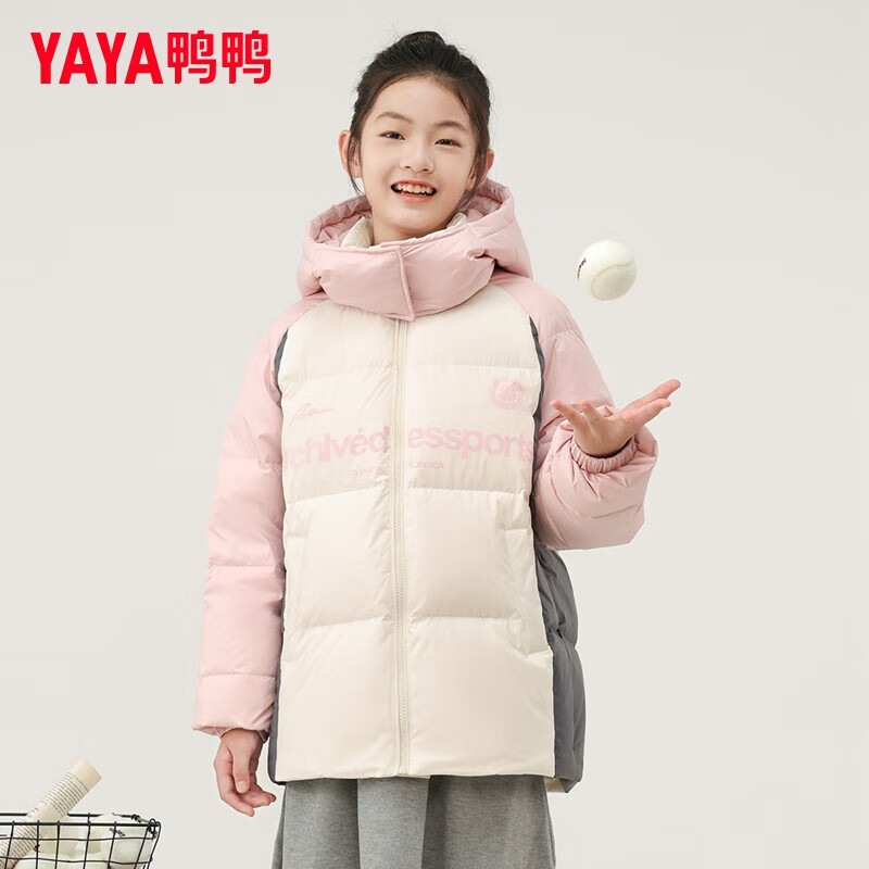 YAYA 親子裝男女童裝三色拼接羽絨服 杏色拼粉色 YE4B80948A3 券后229元
