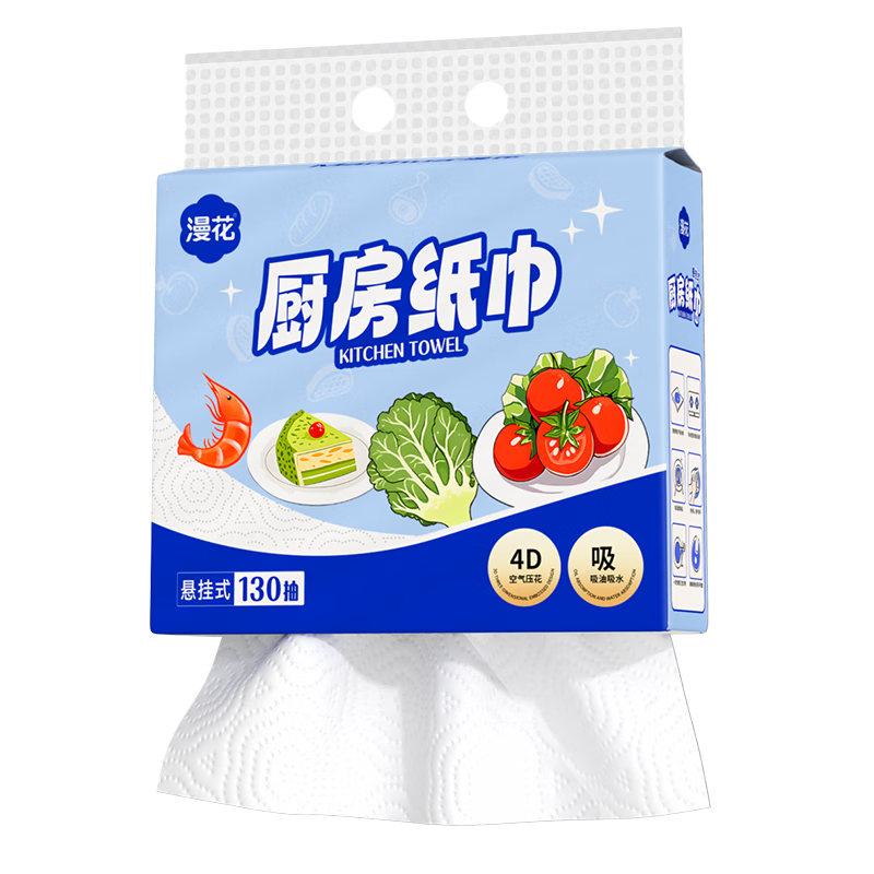 需首購：漫花 懸掛廚房用紙2層130抽*5提整箱 9.75元包郵（需試用，折合1.95元/提）