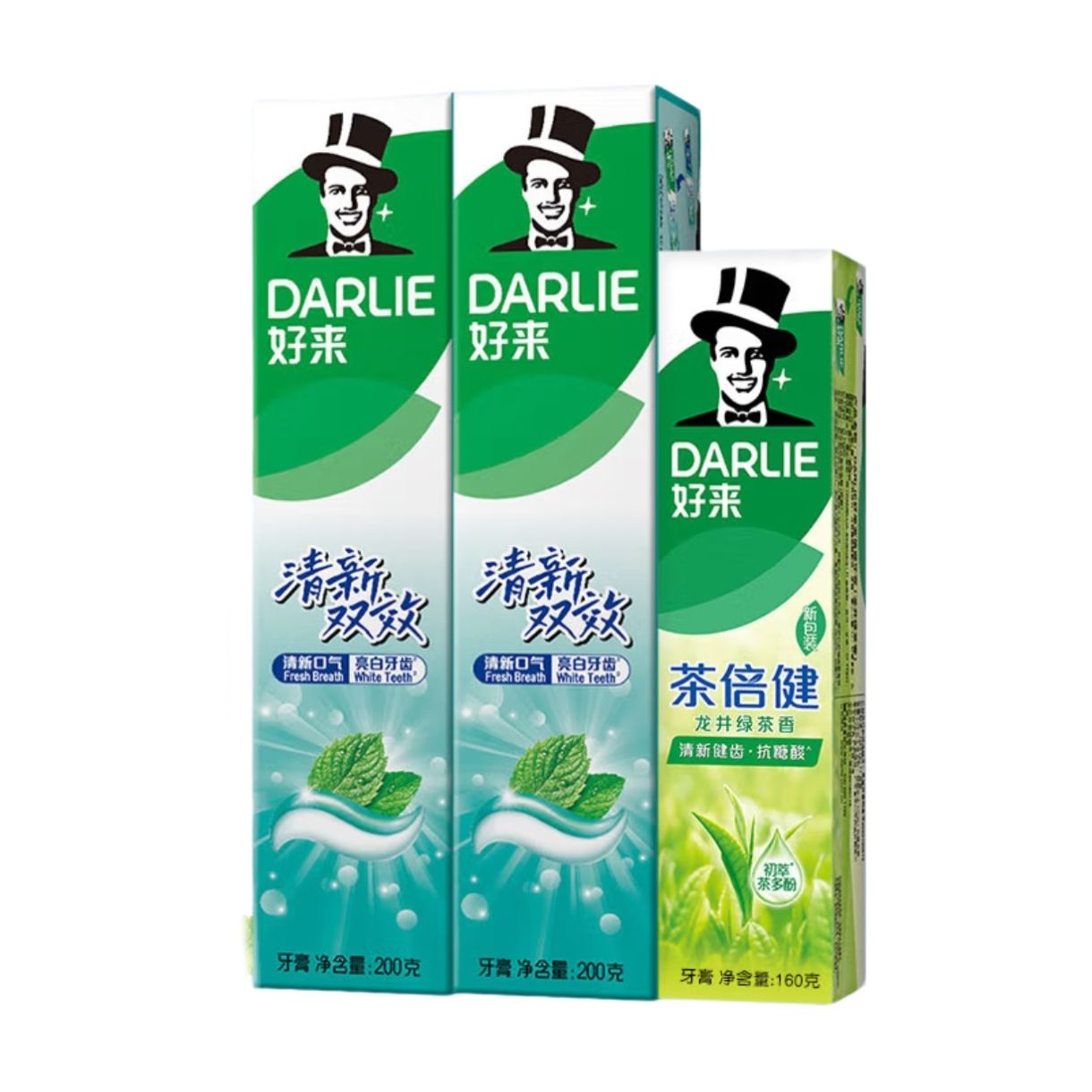 好来 DARLIE 牙膏组合 清新双效200g*2+绿茶160g+赠牙膏40g+牙刷 25.1元包邮（需领券）