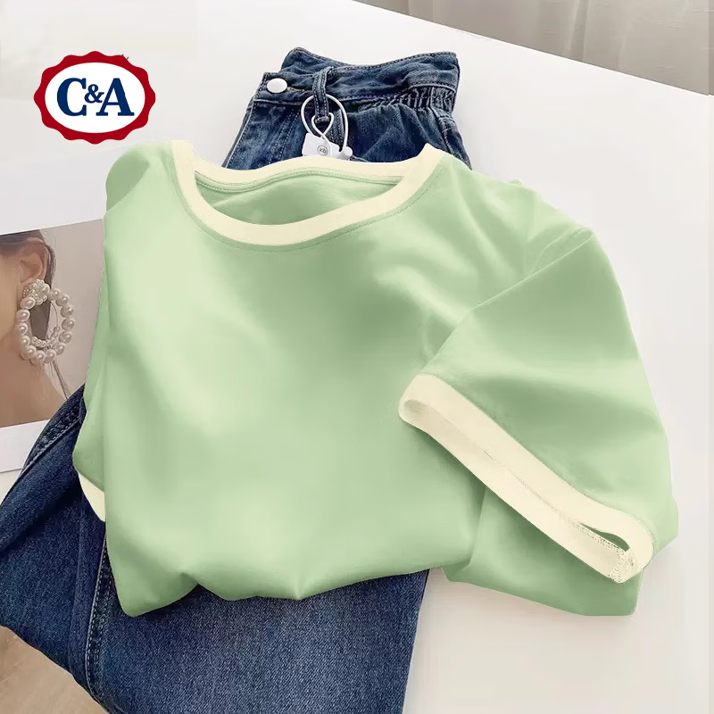 C&A 純色短袖T恤女夏季2025休閑設(shè)計(jì)感撞色圓領(lǐng)軟糯針織衫上衣 果綠 XL 39.95元