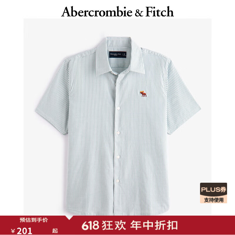 PLUS會(huì)員：ABERCROMBIE & FITCH 男裝 25夏季新款 經(jīng)典小麋鹿LOGO 牛津紡?fù)獯疃绦湟r衫 KI125-5084 綠色 M (180/100A) 167.14元（需領(lǐng)券）