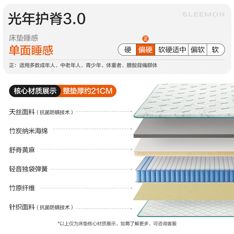喜臨門 Sleemon 抑菌防螨床墊 3D黃麻獨袋彈簧偏硬床墊 光年護脊3.0 1.8x2米 券后1078.73元