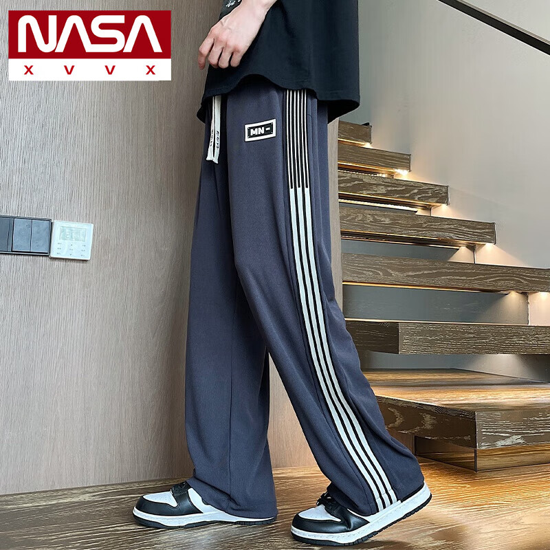 NASA XVVX涼感冰絲褲子男夏季寬松直筒條紋休閑褲男生青少年潮牌速干運動褲 985灰色 L 約105-125斤可穿 67元