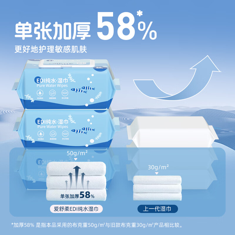 爱舒柔 纯水湿巾80抽X6包 加厚手口湿纸巾带盖抽取式加大洁肤湿巾 80抽X5 券后16.93元