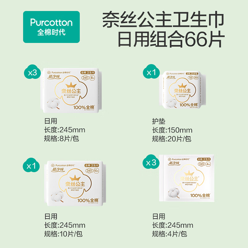 全棉时代 医护级奈丝公主 纯棉卫生巾8包66片＊2件 59.8元包邮（合29.9元/件）