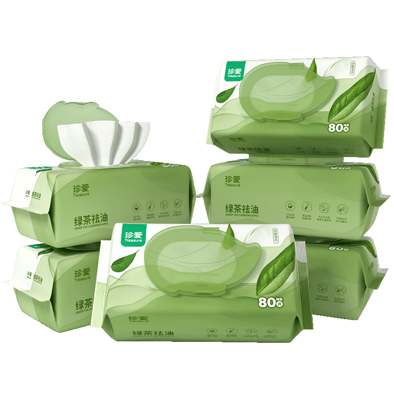 PLUS会员：珍爱擦脸清洁湿巾绿茶去油清洁肌肤洁面一次性洗脸湿纸巾80片*6包 93.29元（需领券，合31.1元/件）