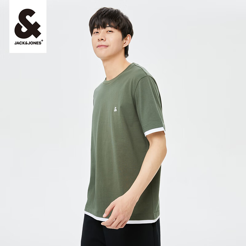 杰克瓊斯 杰克·瓊斯（JACK&JONES）夏季男裝撞色斜紋半袖上衣直筒版圓領(lǐng)短袖T恤 45.1元