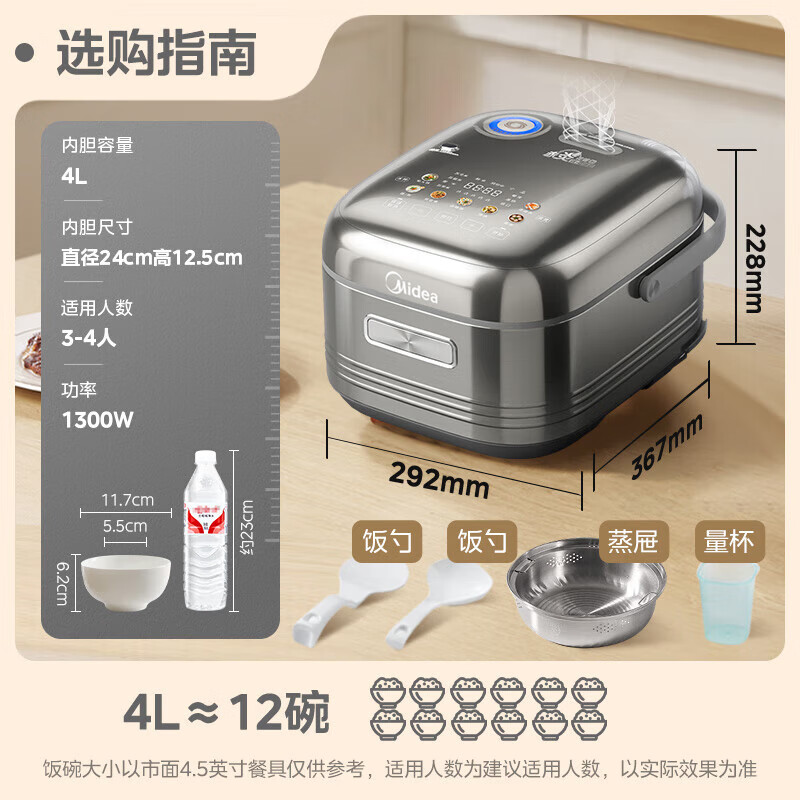 美的 純鈦0涂層 稻香4升 1300W花瓣IH加熱 赤炎雙熱源MB-HS412 562.49元