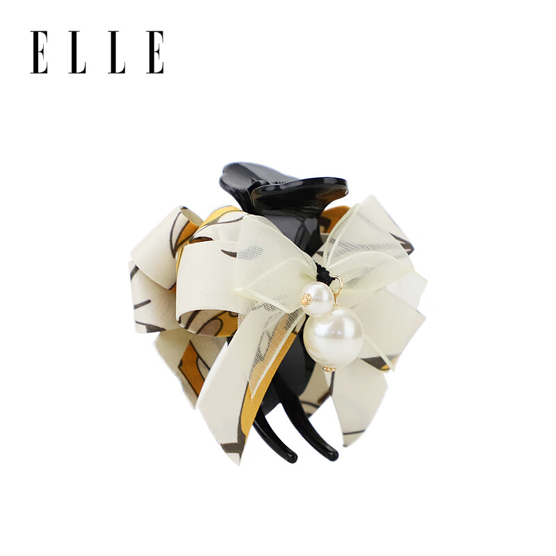 ELLE 发夹女印花蝴蝶结马尾抓夹公主头抓夹高级感鲨鱼夹发饰 米色/黑色 27.5元