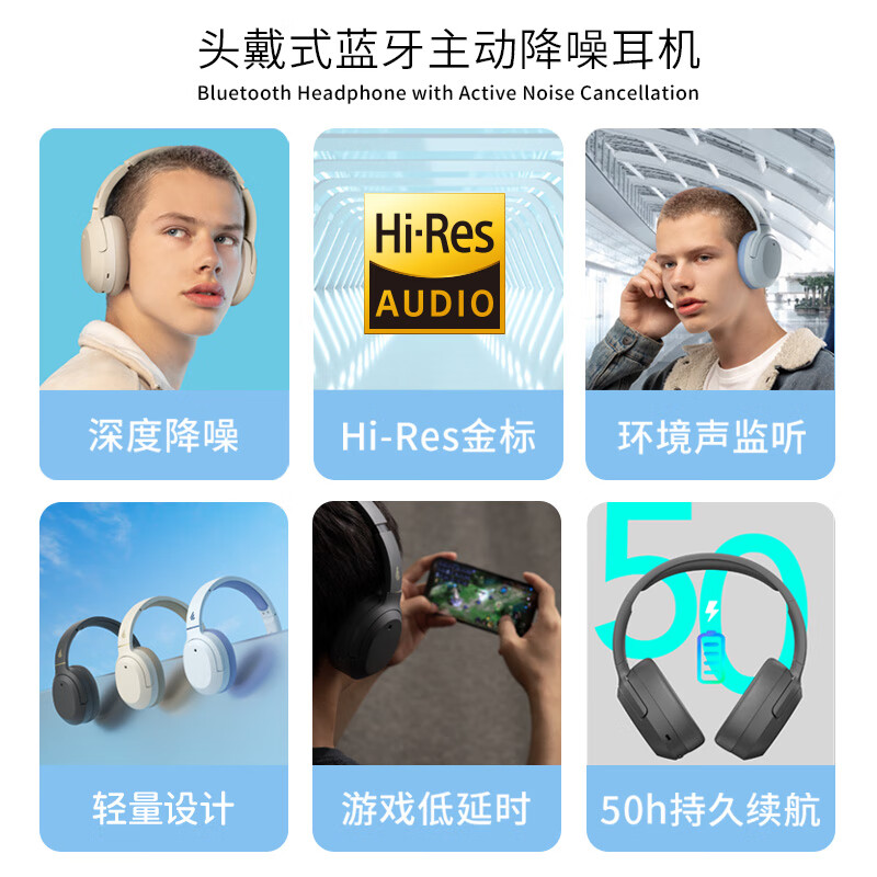 漫步者 W820NB 耳罩式头戴式主动降噪蓝牙耳机 云岩白 175.65元