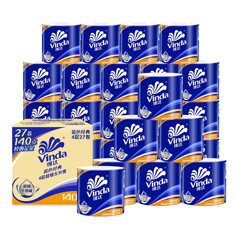 维达（Vinda）有芯卷纸 蓝色经典4层140克*27卷  33.39元（需领券、凑单三件）