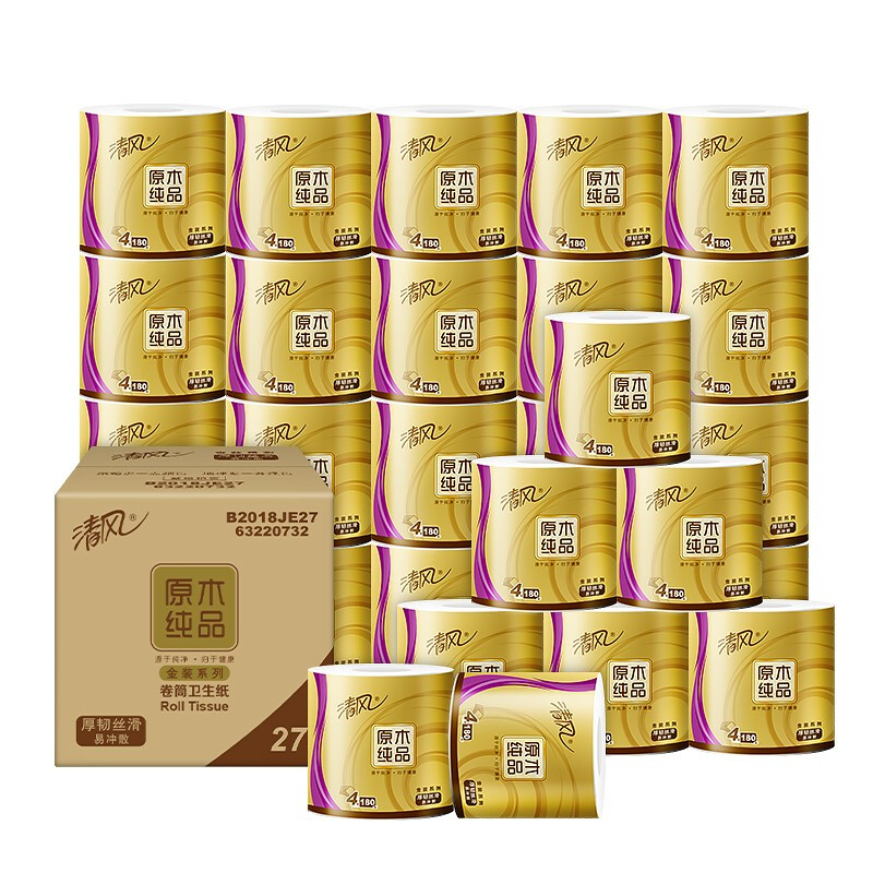 限移动端、京东百亿补贴、PLUS会员：清风 原木金装 卷纸 4层180g27卷 42.41元（需买3件）