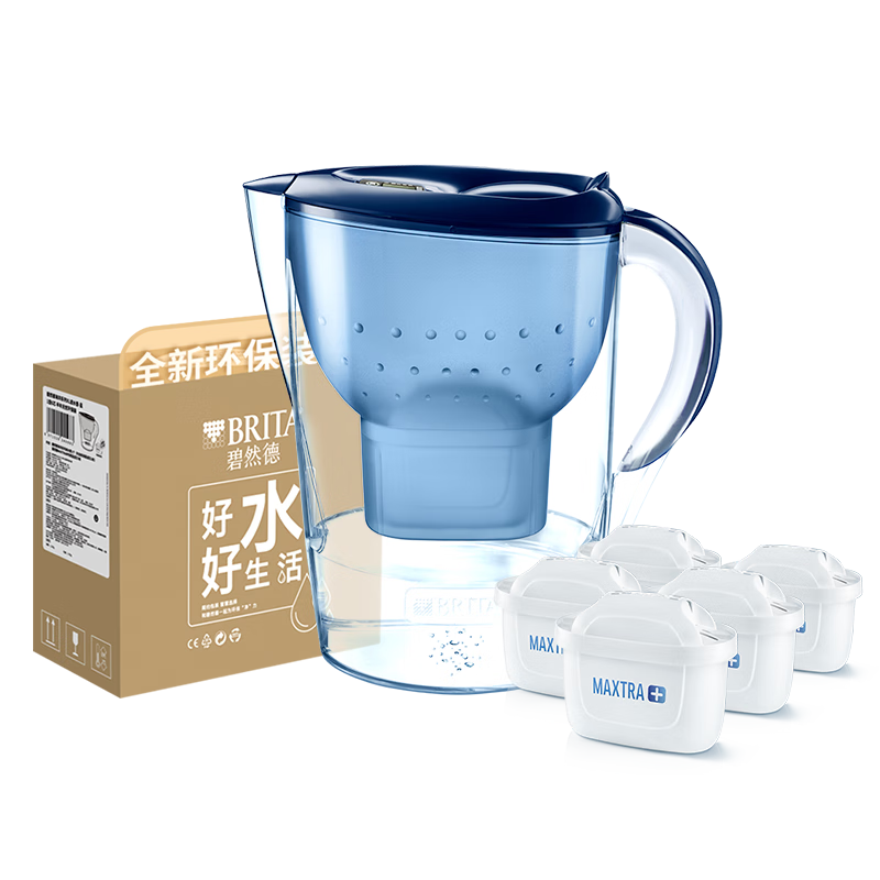 需首單、PLUS：碧然德 Marella 金典系列 濾水壺 一壺六芯 藍(lán)色 175.94元（需領(lǐng)券）