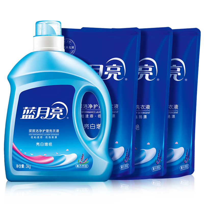藍月亮洗衣液12斤套裝：亮白增艷薰衣草3kg瓶 1kg袋*3 82.82元（合41.41元/件）