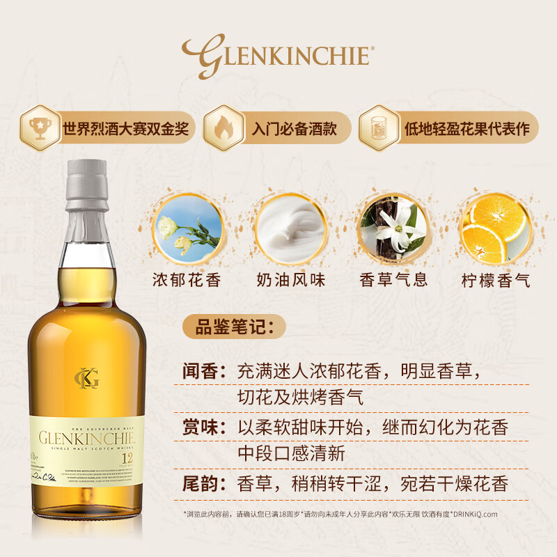 GLENKINCHIE 格蘭昆奇 12年 單一麥芽 蘇格蘭威士忌 43%vol 700ml 119.25元