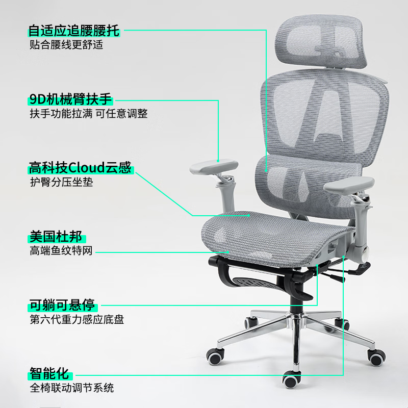 优兰森 人体工学椅 T606曜黑-9D扶手-尼龙脚-无搁脚 券后309元