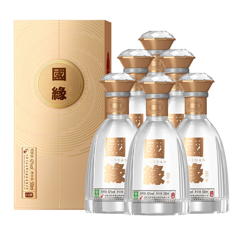京东百亿补贴、PLUS会员：今世缘 国缘对开 42度 柔雅型白酒 500ml*6瓶 整箱 1536元（包邮，均价256一瓶）