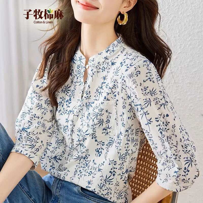 子牧棉麻 2024夏装 女小清新碎花短袖上衣时尚百搭小衫青花瓷印花衬衫3690 青花瓷 59元