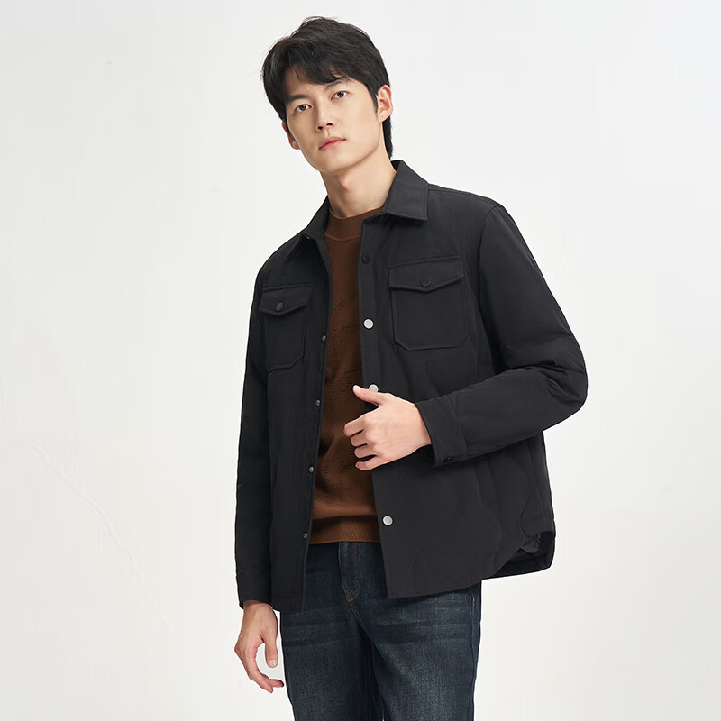 才子 男士羽绒服经典翻领短款轻盈保暖羽绒服外套春秋新款工装口袋 黑色 XL (175/92A) 多号可选 券后99.25元