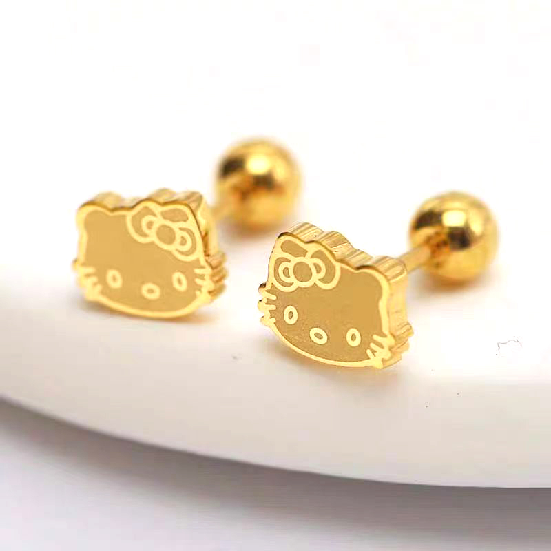 韩式新款小众甜美可爱猫咪拧螺丝耳钉 时尚个性百搭钛钢耳饰