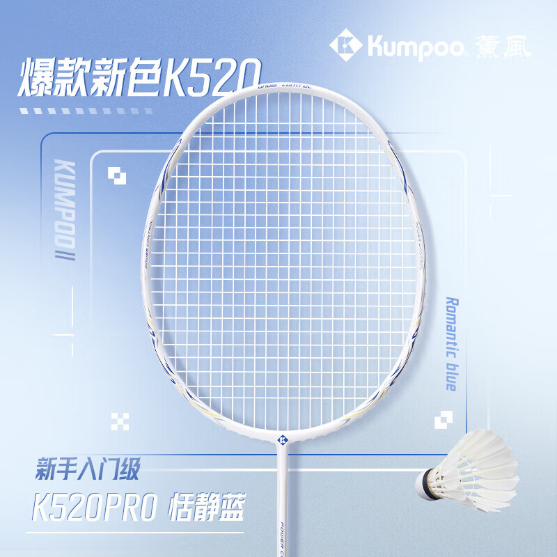 薰风（KUMPOO）羽毛球拍单拍全碳素轻耐打超轻攻守兼备拍单拍 K520Pro升级版 K520PRO【已穿线】 白/蓝 114元（需用券）