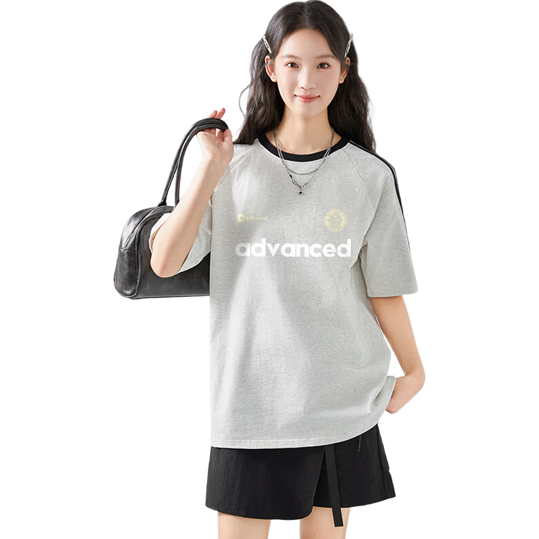 真维斯（JEANSWEST）短袖T恤女2025夏季新款二条杠插肩美式纯棉宽松撞色T恤女 37.5元