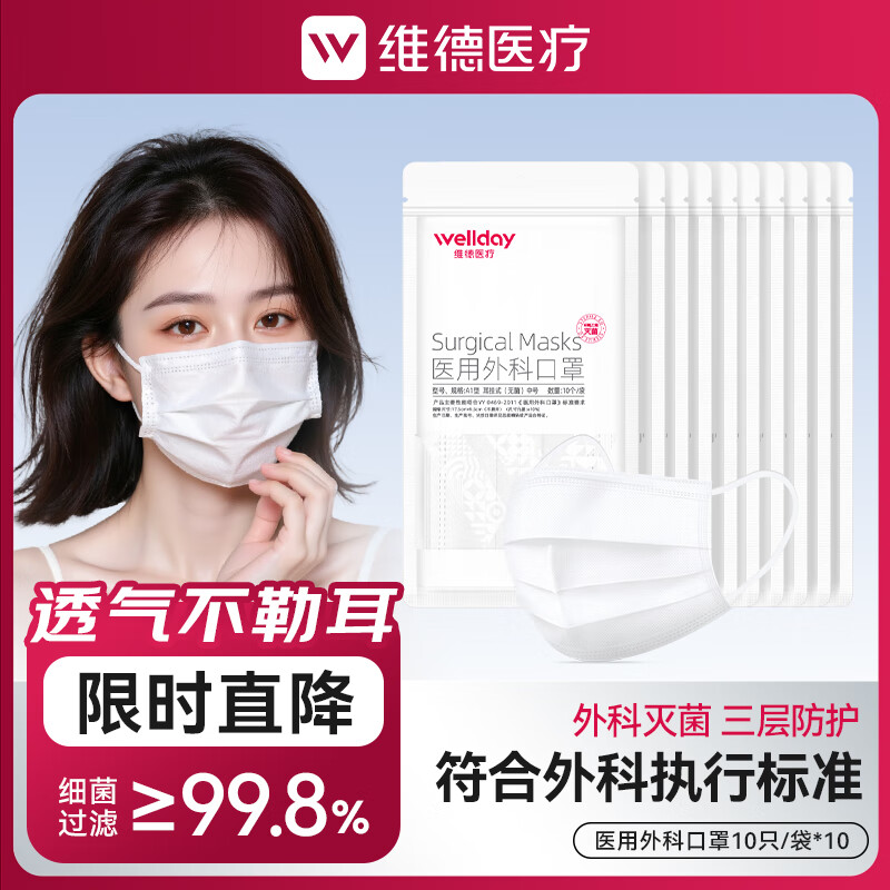 可进手术室级别。！WELLDAY 维德医疗 灭菌级一次性医用外科口罩 100只 ￥15.8