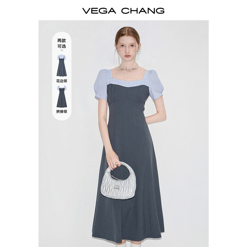 VEGA CHANG 短袖连衣裙女2025年夏季假两件方领学院风撞色拼接收腰长裙子 陨石灰（方领） S 72元