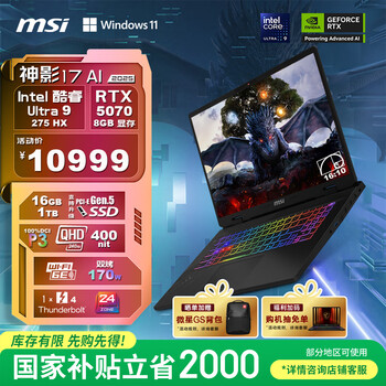 微星 游戏笔记本电脑 神影17 17英寸、16G、1TB、2.5K、240Hz屏