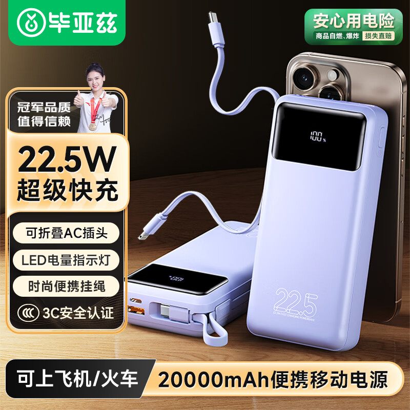 Biaze 充电宝20000毫安 自带线可拆卸22.5W快充可上飞机苹果20W移动电源 50.92元