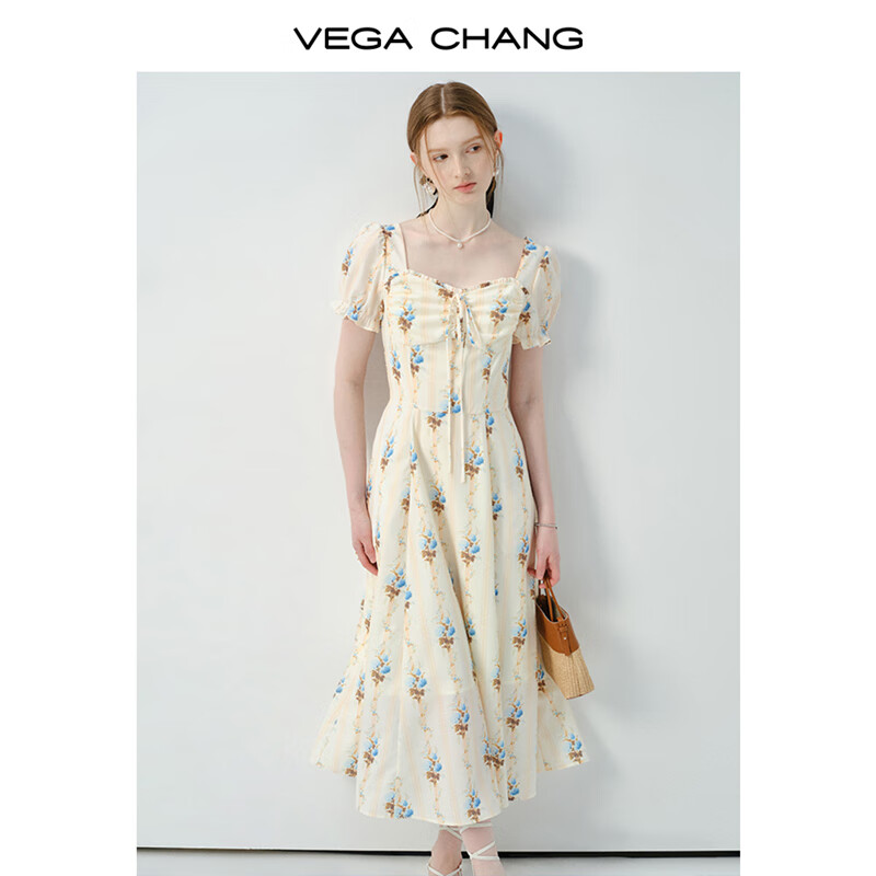 VEGA CHANG 碎花连衣裙女2025年夏季度假风法式方领泡泡袖长裙 碎花 M 129元