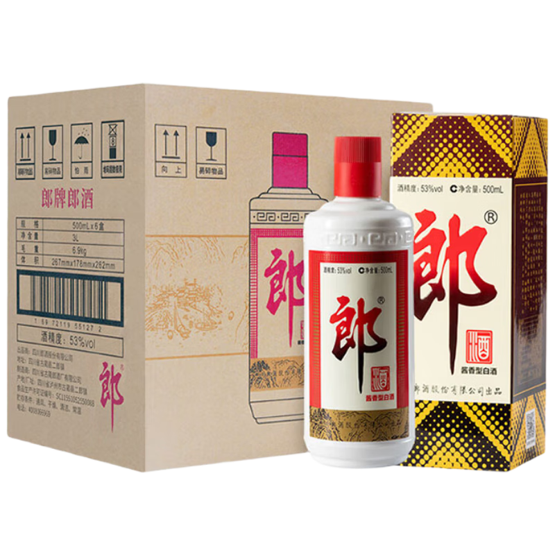郎酒郎牌郎酒 酱香型白酒 53度 500ml*6 整箱装（新老包装年份随机） 53度 500mL 6瓶 1029.9元