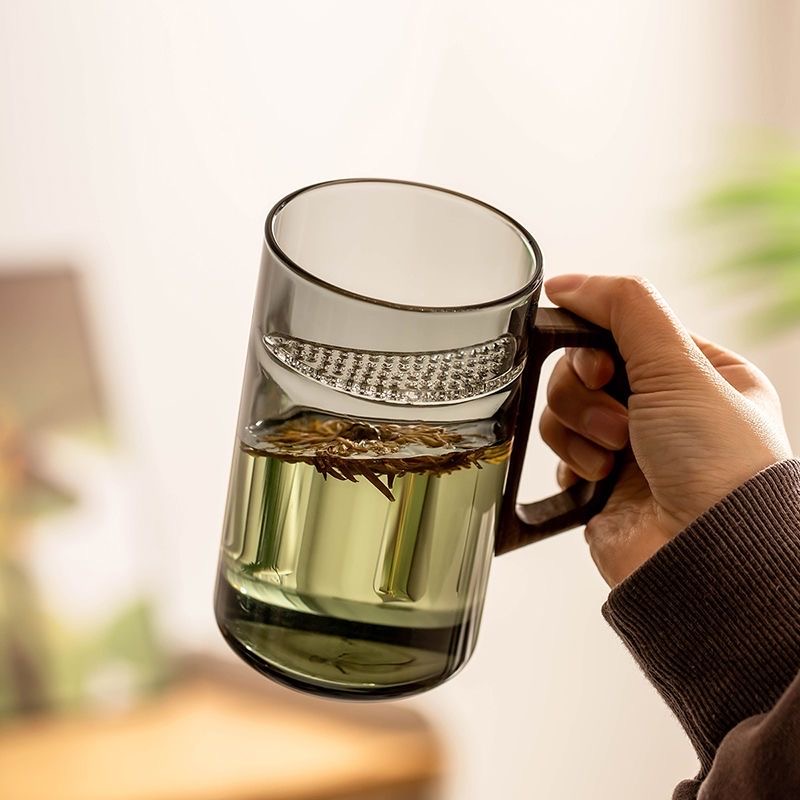 溥畔 月牙水分离办水杯 茶漏一体杯550ml青灰-木把 19.9元