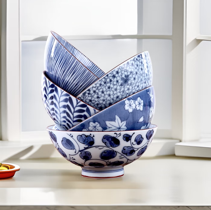 日本进口 ！Mino Yaki 美浓烧 日式蓝绘釉下彩4.5英寸饭碗礼盒装 5只装 ￥79