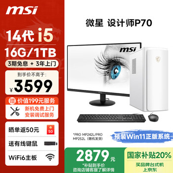 限地区：微星 设计师P70办公台式电脑（i5-14400 16G 1TB 商务键鼠）国家补贴23.8英寸显示器全套整机商用主机